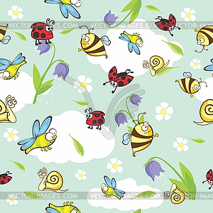 Spring funny cartoon insects seamless pattern - stock vector clipart