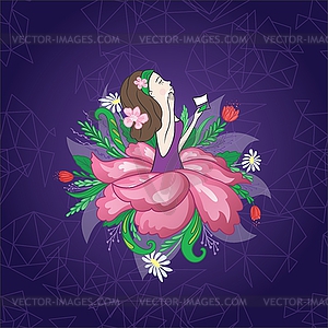 Flower Girl on Purple Techno Background - color vector clipart