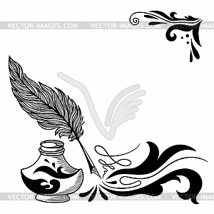 Sketch with Feather and Inkstand - vector clipart