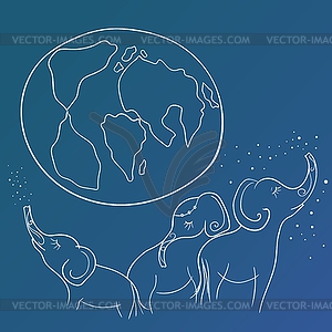 Sketch with Elephant Family and Earth - vector image