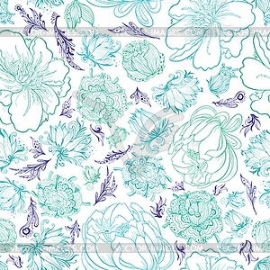 Turquoise Sketch Floral Pattern - vector image