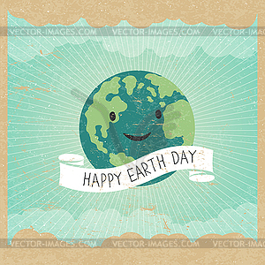 Vintage Earth Day Poster. Cartoon Earth . Rays, clou - vector clip art