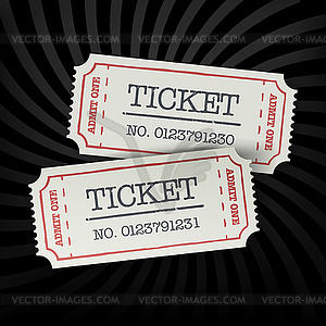 Two old-fashioned cinema tickets on dark sunburst - vector clip art