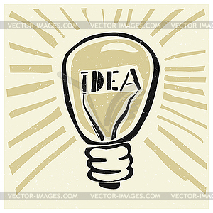 Idea concept . Lightbuld with rays and Idea word - vector clip art