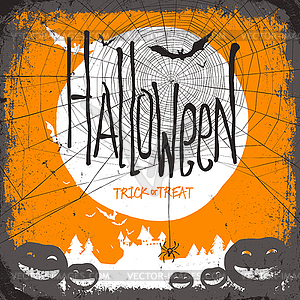 Halloween . Dry tree, full moon and pumpkins - vector image