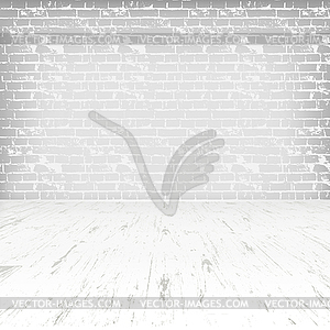 Empty white room with wooden floor and brick wall - vector image