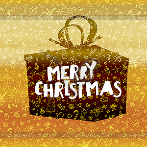 Merry Christmas lettering on black gift box. Gold - vector image