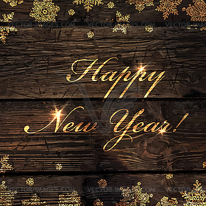 Happy new year golden greeting on wooden board up - vector clipart