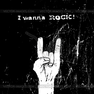 Horn gesture and I wanna ROCK! text. Rockstar - white & black vector clipart