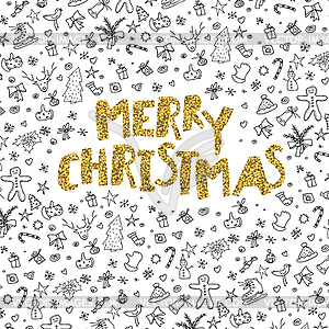 Merry Christmas gold lettering on black hand-drawn - vector image