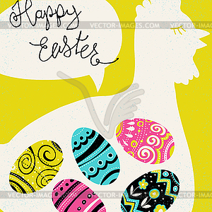 Happy Easter greetings. Bright eggs and chicken - vector clipart