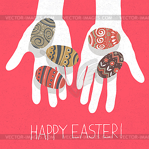 Easter eggs in hands and Happy Easter greetings - vector clipart