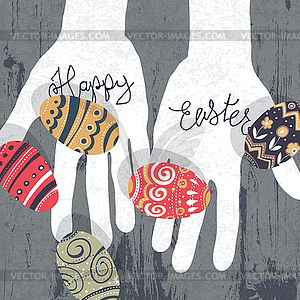 Easter eggs in hands silhouette on wooden board. - vector clipart