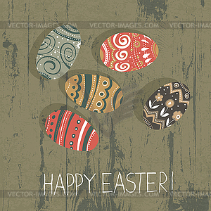 Easter eggs on wooden board. Happy Easter - color vector clipart