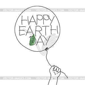 Child hold thread of balloon with Happy Earth - vector image