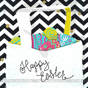 Basket with Easter eggs. Chevron lines and golden - vector clip art