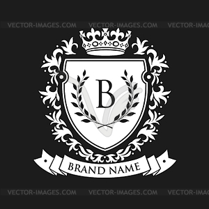 Heraldic emblem shield with crown and laurel wreath - vector image