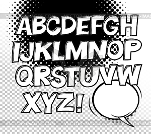 Comic black and white alphabet and speech bubble - vector clipart