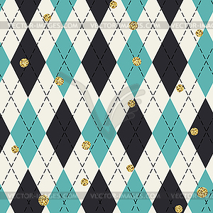 Seamless blue argyle pattern with chaotic golden - vector clipart