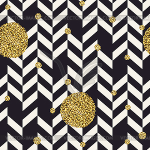 Chevron black pattern and golden chaotic dots. - vector clipart