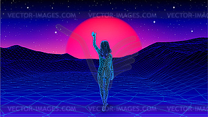 Woman spreading arms and welcoming sun in futuristi - vector clip art