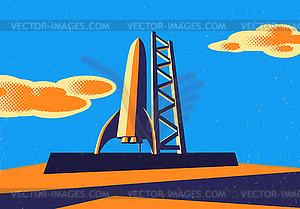 Rocket ready to take off on launch site. Retro - vector image
