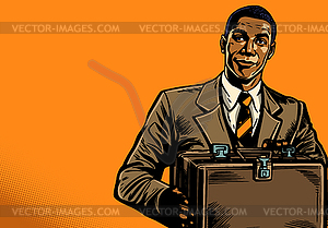 Businessman with suitcase in comics style looking a - vector clipart
