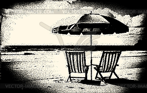 Beach landscape with deck chair and umbrella. - vector image