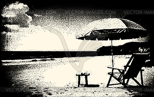 Beach landscape with deck chair and umbrella. - vector clip art