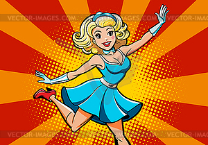 Dancing woman in retro pop art or comics style. - vector clipart