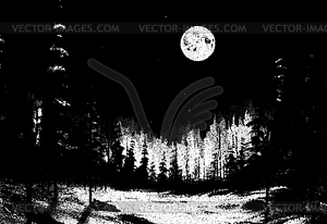 Пейзаж темного леса с полной луной в стиле ретро - изображение в векторе