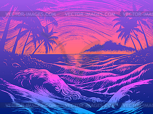 Purple toned beach landscape with palm trees on - vector clipart