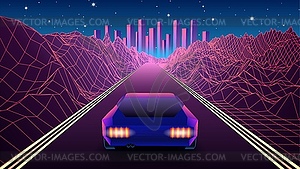 Neon car in 80s synthwave style racing to city - vector clipart