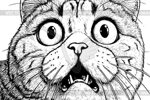 Удивленный кот с выпученными глазами и открытой пастью, черный - векторное изображение