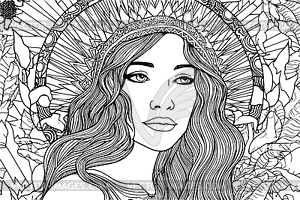 Beautiful woman drawing with ancient ornament in - vector clipart