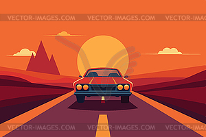 Cartoon car driving down road to horizon and - vector clipart