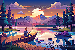 Сцена летней рыбалки с рыбаком, лодкой и пирсом - векторный рисунок