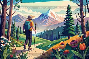 Summer hiking scene with person walking in forest, - royalty-free vector clipart