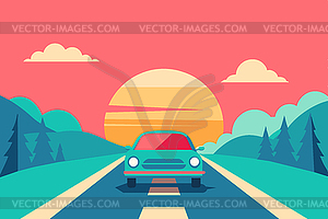 Cartoon car driving down road to horizon and - vector clipart