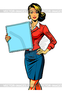 Woman holding blank poster in retro pop art style. - vector EPS clipart