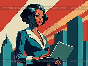 Powerful black business woman with laptop, in - royalty-free vector image