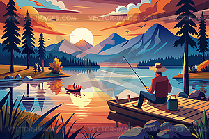 Summer fishing scene with fisherman, boat and pier - vector image