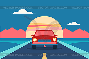 Cartoon car driving down road to horizon and - vector clipart