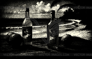 Бутылка с фруктовой водой или алкоголем на песке пляжа - изображение в векторном виде