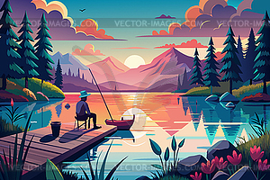 Summer fishing scene with fisherman, boat and pier - vector clip art