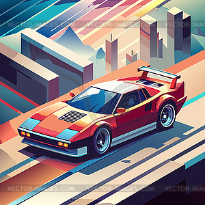 Retro supercar of 80s in flat style coloring. Sport - vector clip art