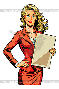 Woman holding blank poster in retro pop art style. - vector image