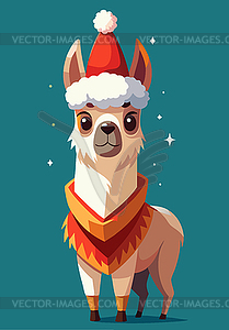 Christmas alpaca with red Santa hat, Winter - color vector clipart