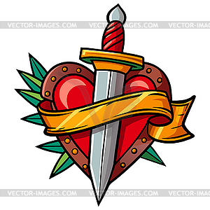 Red heart with dagger and ribbon, in style of - vector image