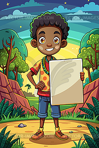 Cute little boy holding blank placard or poster. - vector image